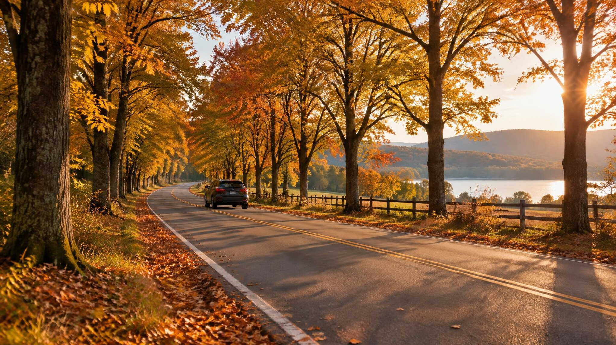 Car driving through a tunnel of trees