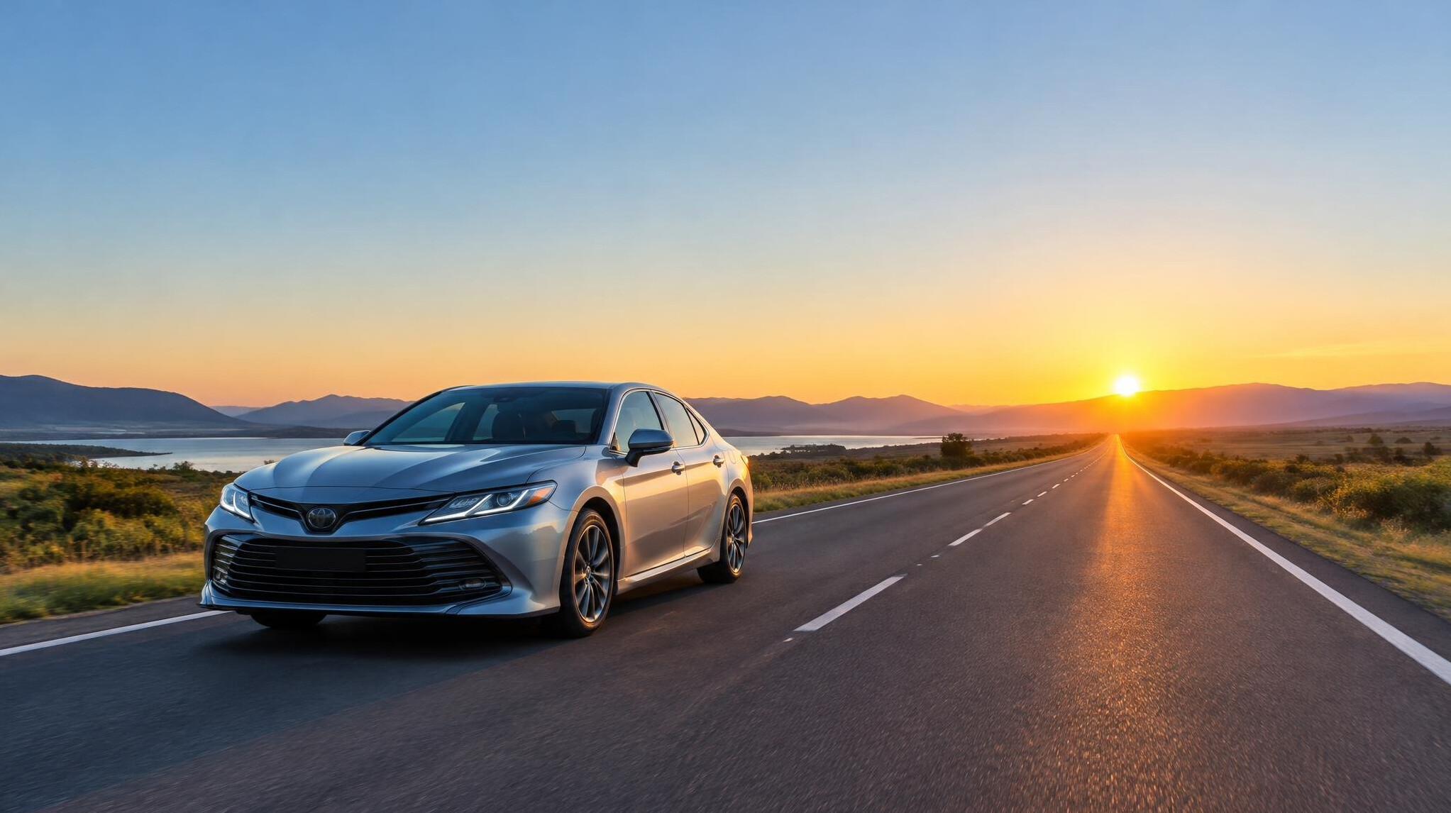 Car on the road at sunrise