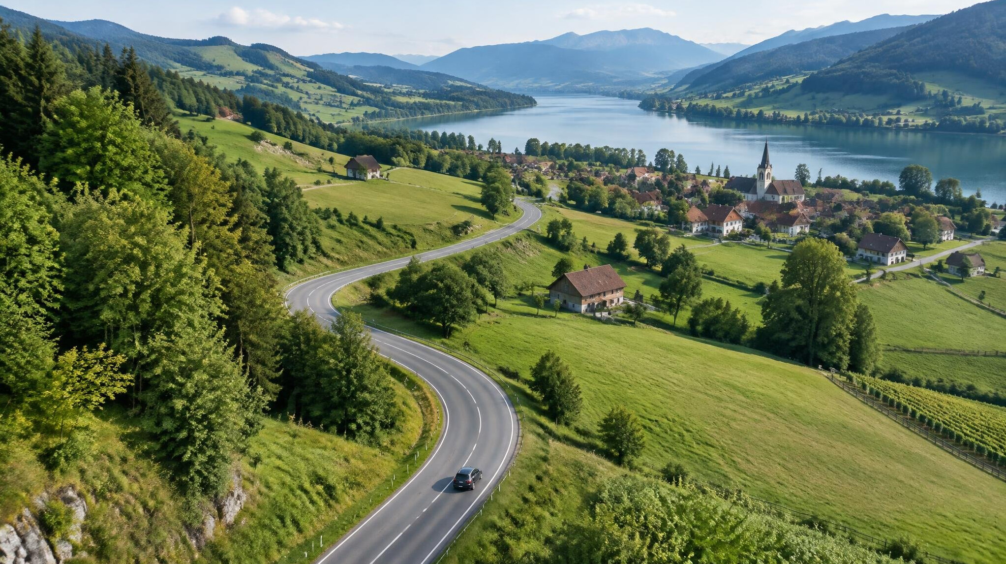 Winding road through a green landscape