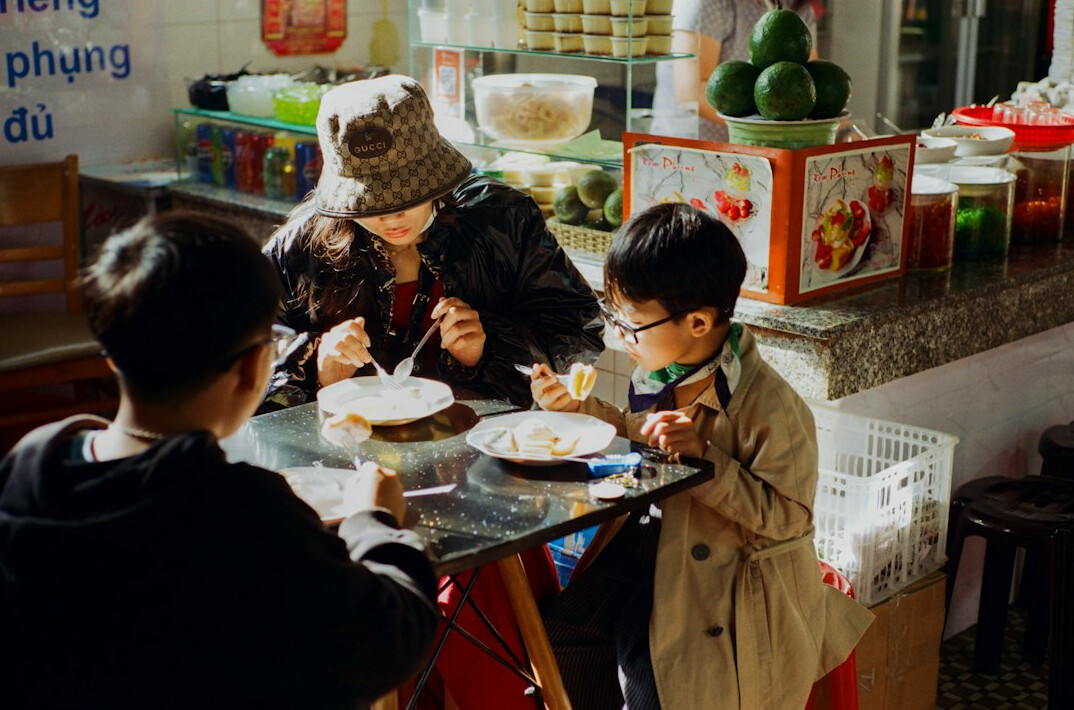 Small group learning together at a table